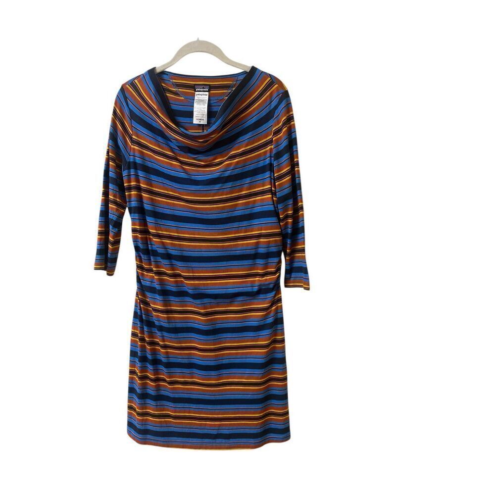 Patagonia Kamala cowl neck striped dress 3/4 sleeve sz Med
